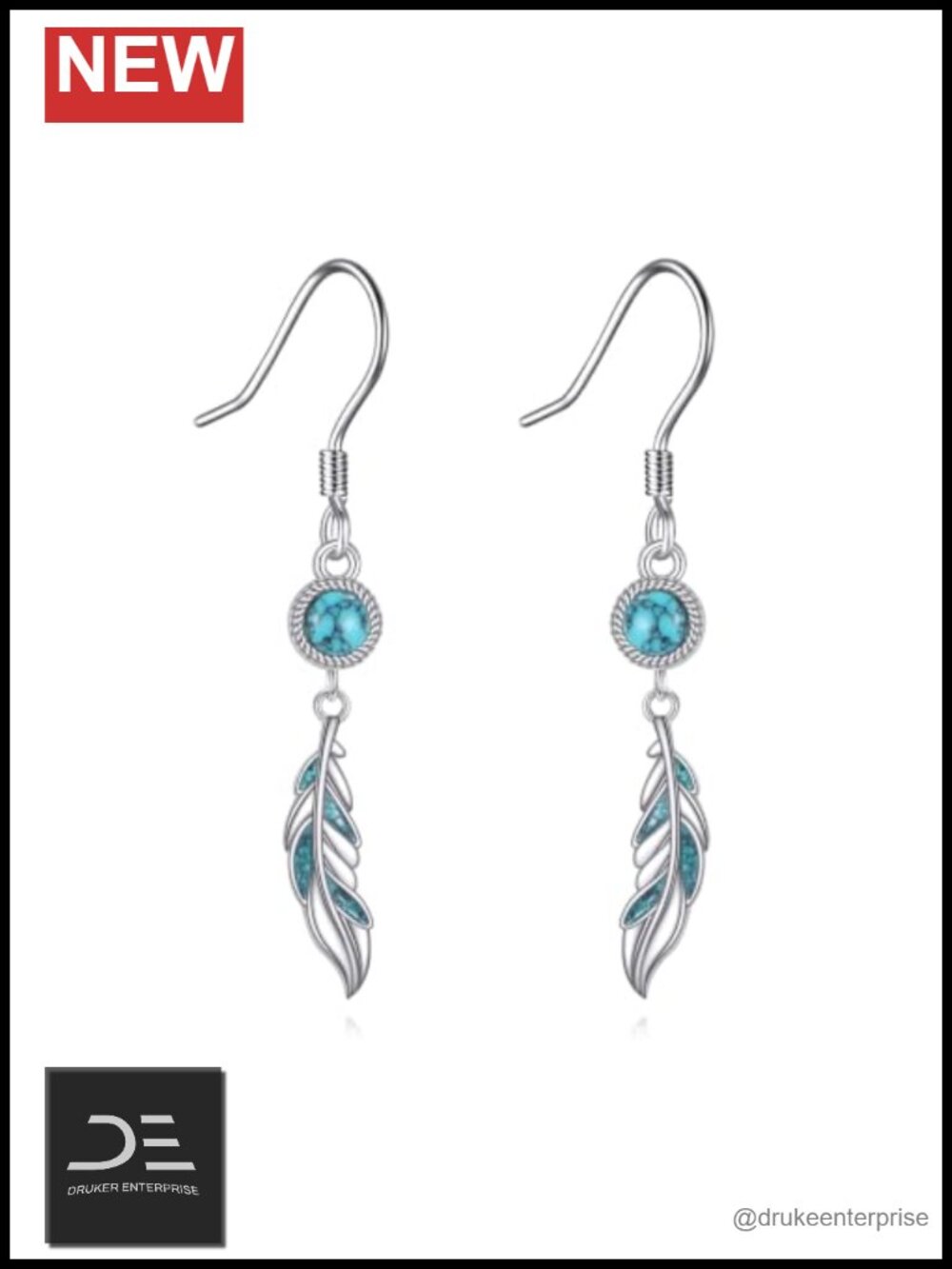 Turquoise Earrings 18K White Gold Plating Feather Dangle Boho Western Jewelry